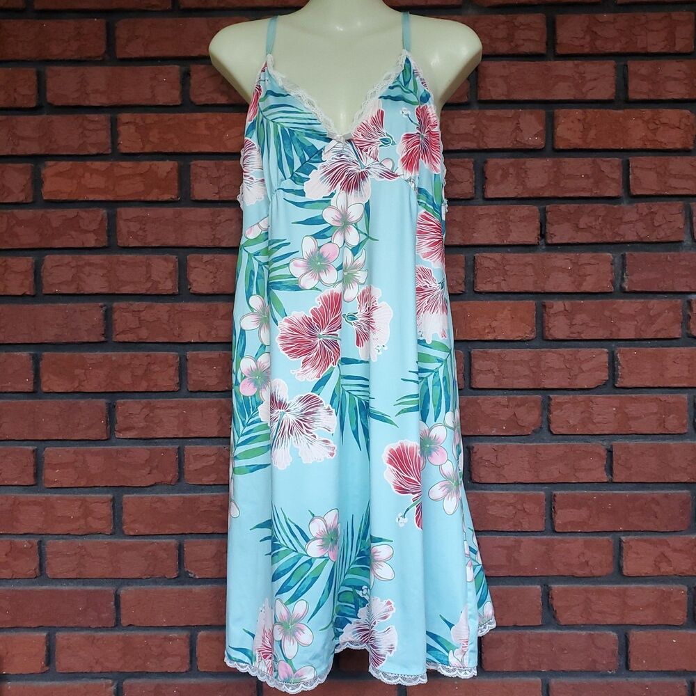 Floral Slip Dress 1X Nanette Lepore Babydoll Chemise Blue Tropical Nightgown